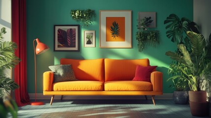 Bright and inviting living room with orange sofa, green walls, and vibrant decor in a cozy home setting