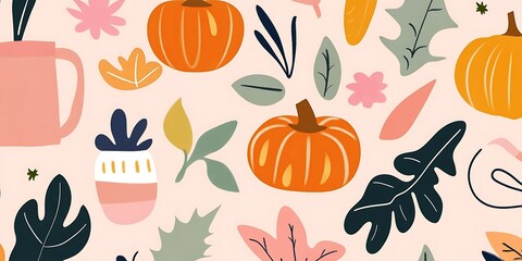 Autumnal pattern with pumpkins, leaves, and plants on a pink background.
