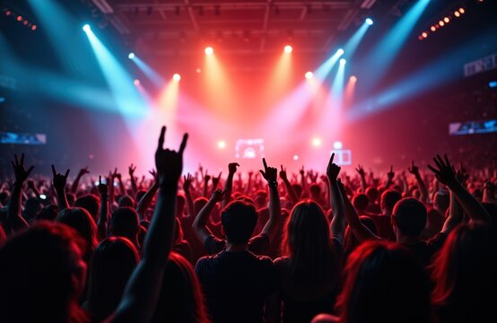 Large crowd of people dancing and cheering at a live music concert. Many hands are raised in the air. Bright colorful stage lights illuminate the audience. Energetic atmosphere and exciting live show.