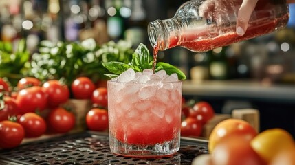 Refreshing tomato and basil cocktail in a glass with ice cubes National Bloody Mary Day