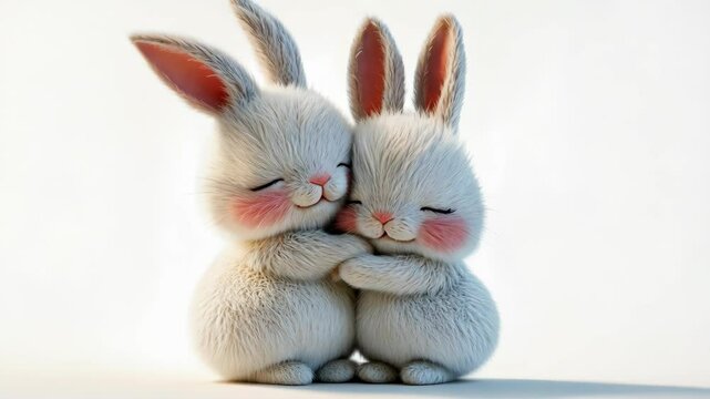 3d icon valentine Two adorable cartoon rabbits hugging each other on transparent background