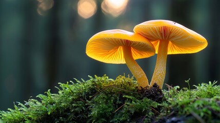 Two vibrant orange mushrooms growing on moss in a forest.