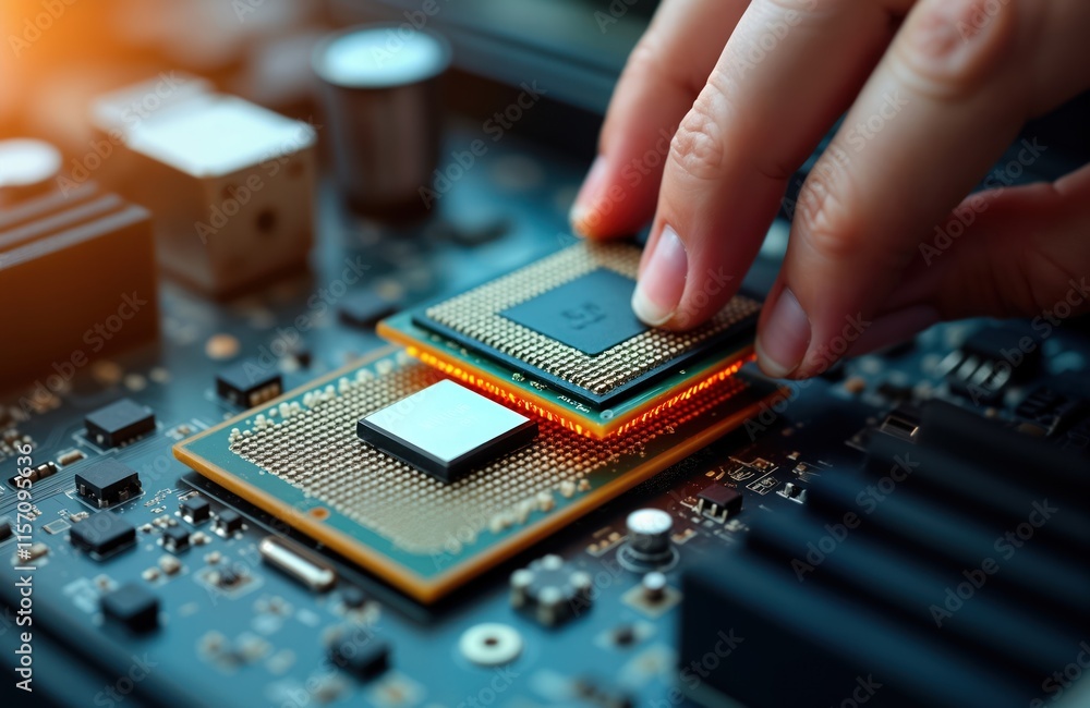 Poster Tech hand places computer cpu processor onto motherboard socket for maintenance. Focused closeup view shows precise tech work. Electronic parts meticulously positioned. Modern tech concept. Computer