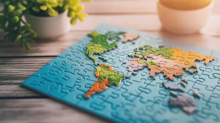 Naklejka premium Colorful world map puzzle on wooden table with green plants