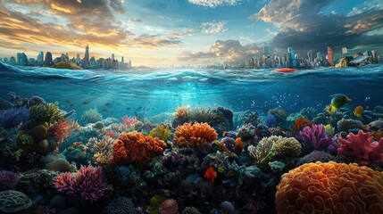 An underwater city-like reef structure teeming with marine biodiversity.