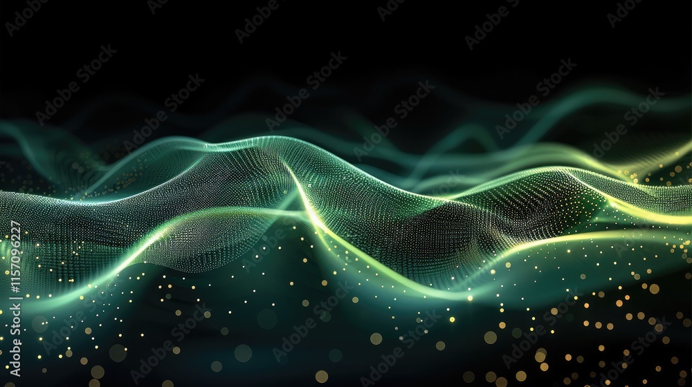Aufkleber wallpaper, double abstract green technology wave. flow of particles. big data transfer visualization