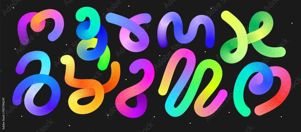 Poster set of gradient neon line on black background. curve abstract stroke. bright motion twisted liquid l