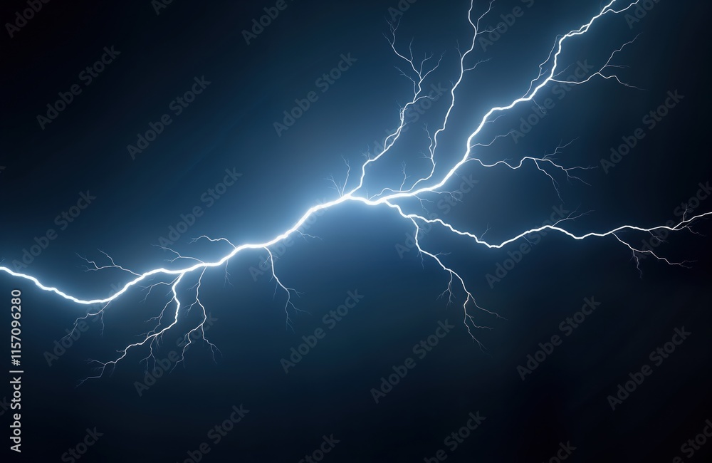 Poster powerful lightning strike with extensive branching illuminates dark sky. dramatic display of nature 