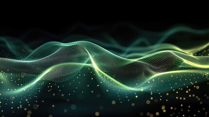 Wallpaper, double abstract green technology wave. Flow of particles. Big data transfer visualization. Black Background.