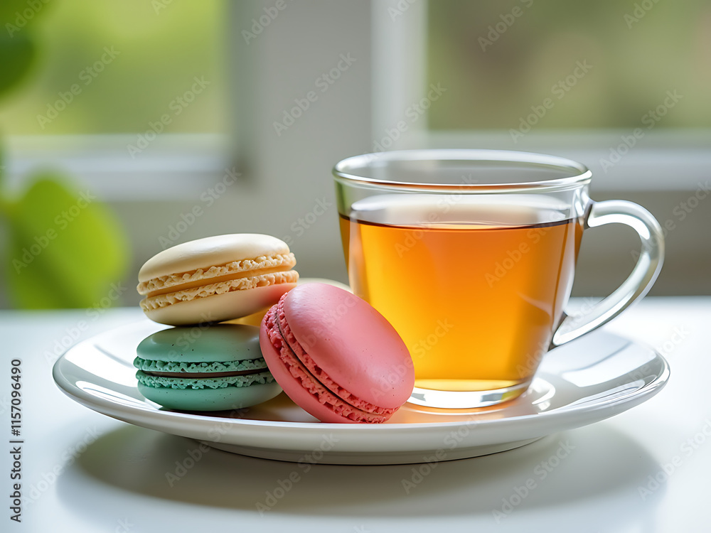 Poster Macaroons In Vibrant Colors Sit On A White Plate With Herbal Tea Against A Softly Blurred Window Created By Ai Technology. 00002