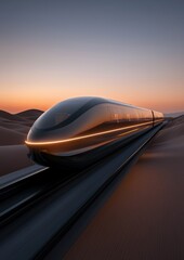 Obraz premium A futuristic train is traveling down a track in the desert