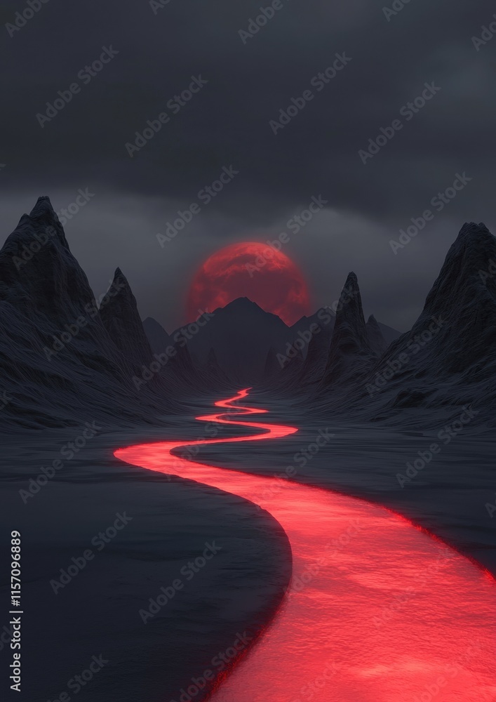 Poster a red river flows through a desolate landscape with mountains in the background