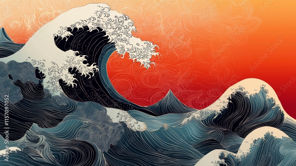 Aufkleber dynamic abstract art featuring japanese wave pattern with vintage gradient background