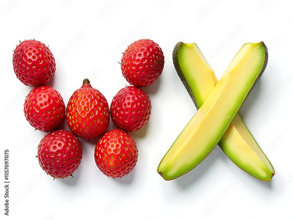 Poster lychee and avocado isolated letters w and x made from fruit on a white background in perfect isolati