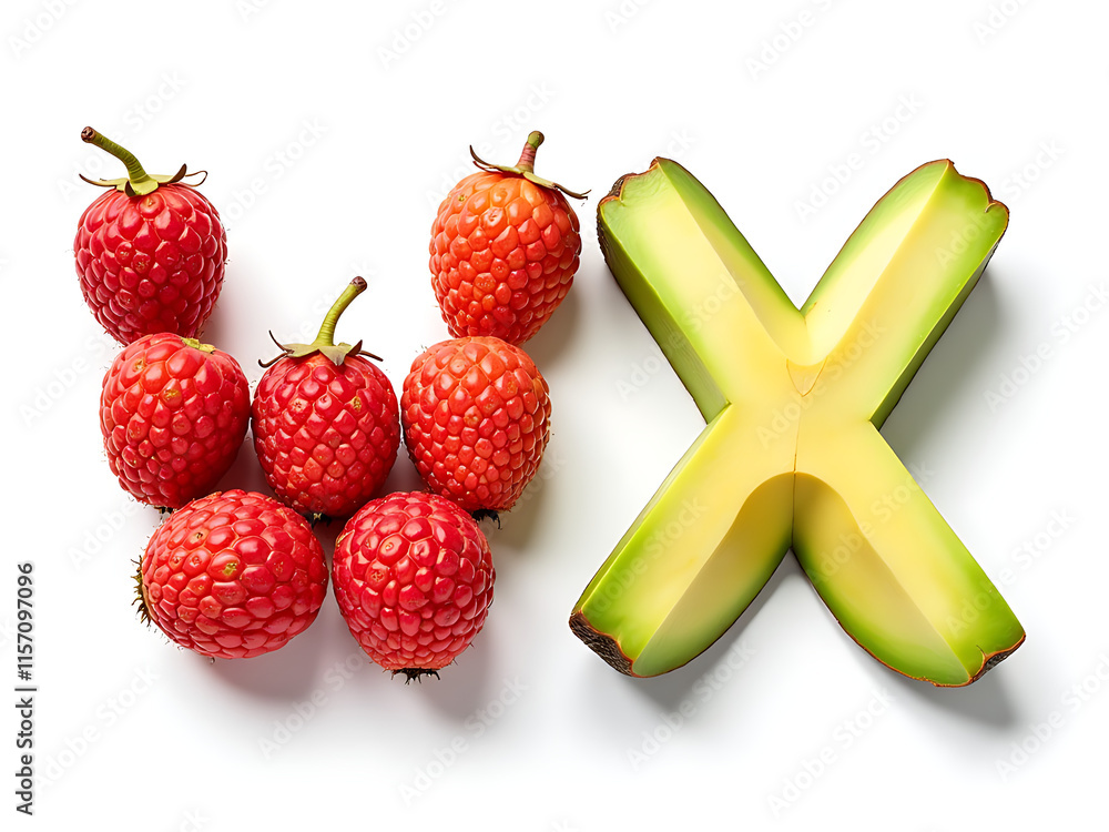 Poster Lychee And Avocado Isolated Letters W And X Made From Fruit On A White Background In Perfect Isolation. 00002
