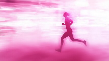 Obraz premium Silhouette of a female runner in motion, blurred pink background.