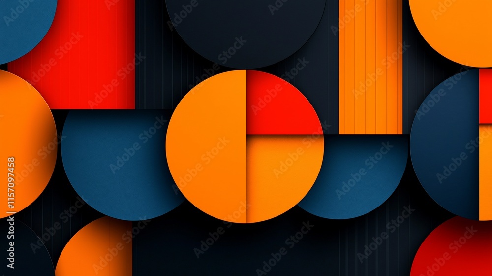 Poster abstract geometric pattern with overlapping circles and rectangles in shades of orange, red, and dar