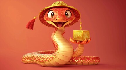 Cartoon snake wearing traditional Chinese hat balances gold ingot for lunar new year 2025