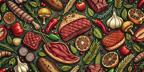 Vintage Engraved Meat & Veggie BBQ Pattern - Restaurant Menu Design