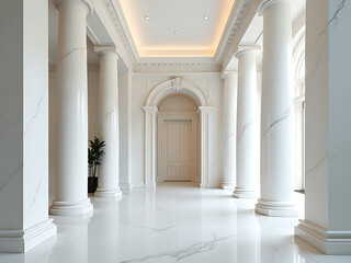 Fototapeta premium Luxury Interior Features White Marble, Spacious Design, Column Pillars, And A Grand Colonnaded Entrance In A Refined Setting. 00002