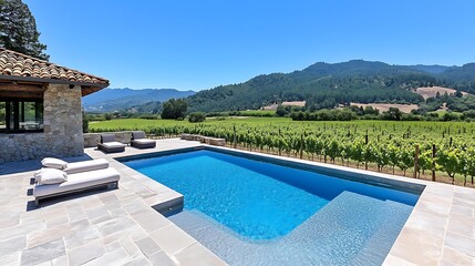 Obraz premium Luxury Pool Vineyard View Stone Patio Sunny Day
