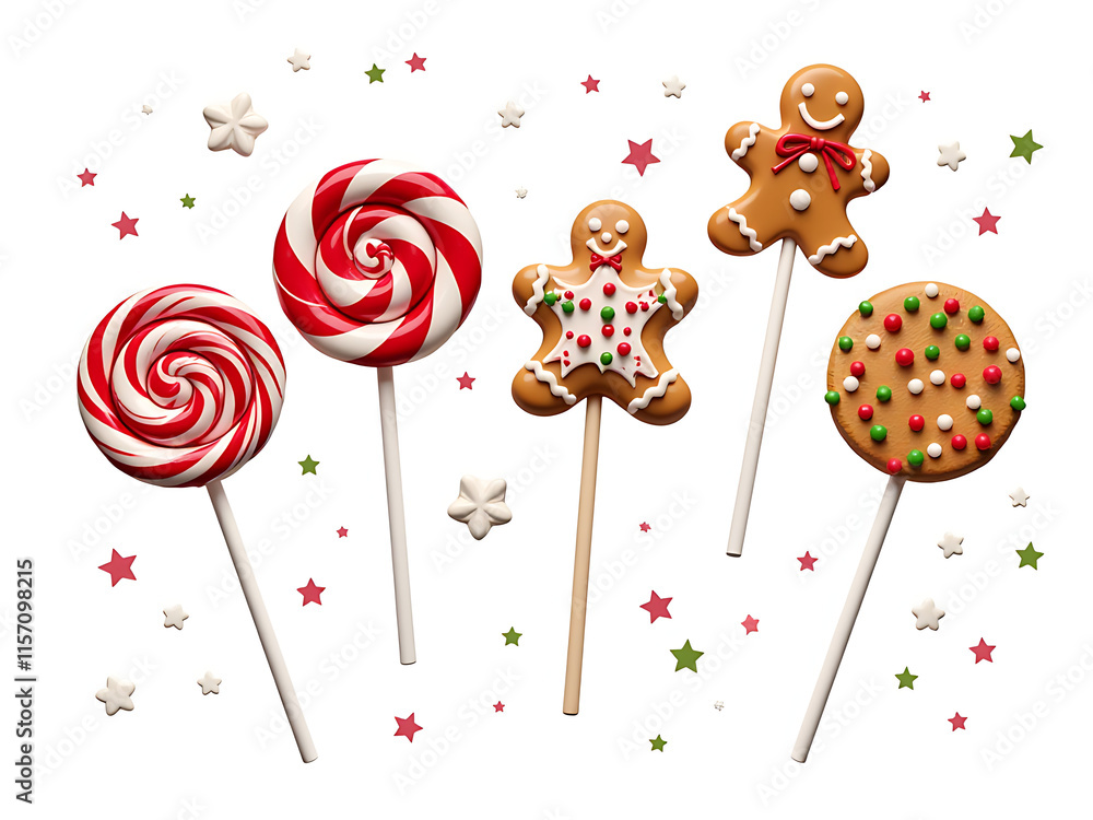 Poster lollypops and gingerbread treats are isolated on a clean white background for easy viewing and decor