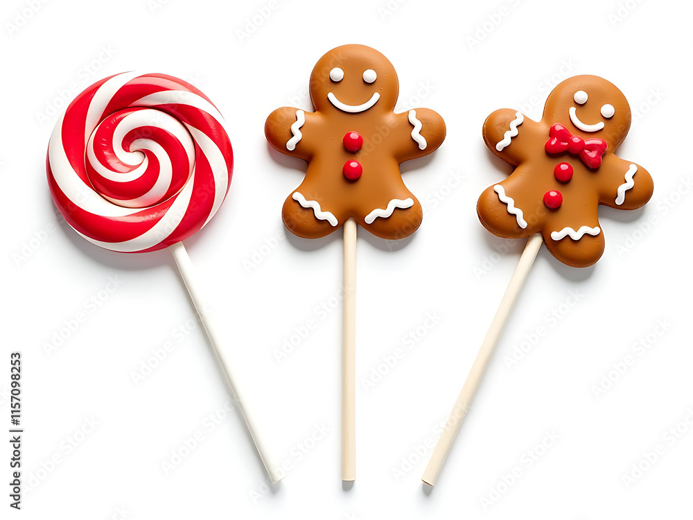 Poster lollypops and gingerbread treats are isolated on a clean white background for easy viewing and decor