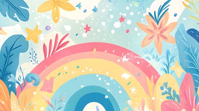 Cute and colorful illustration for the New Year, symbolizing joy and prosperity with a rainbow color tone