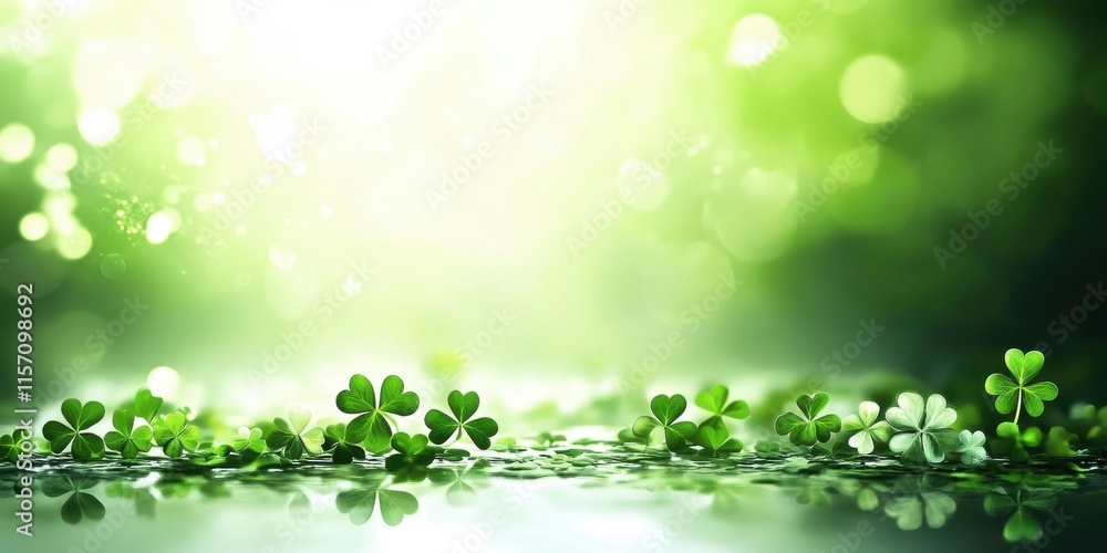 Poster vibrant green background with shamrock leaves and soft bokeh effect creating a fresh and inviting at