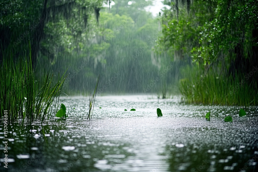 Poster A tranquil scene of a flooded forest surrounded by gentle rain, creating a peaceful and calming atmosphere with reflections and lush green foliage all around.