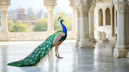 Fototapeta premium An Indian peacock strutting on a marble floor of a palace courtyard, its feathers glowing brightly against the white stone architecture