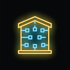 Bright neon icon of a datacenter is glowing against a dark background