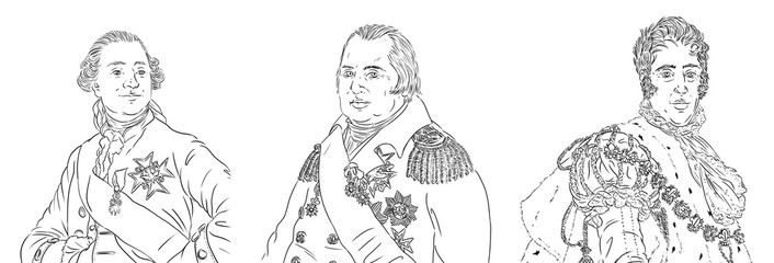 Louis 16, Louis XVI, Louis 18, Louis XVIII and Charles 10, Charles 10, portraits of the last kings of France