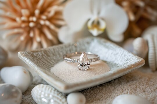 A beautiful pear-shaped diamond ring rests on a fine sandy surface surrounded by floral and seashell decorations, creating an elegant and romantic visual tableau.