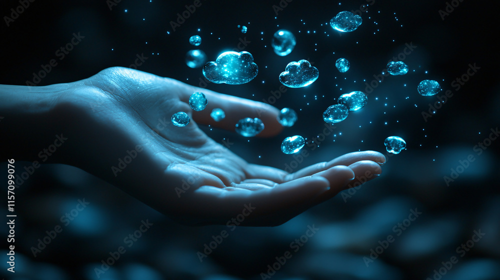 Poster a hand reaches out to catch floating blue bubbles in a dark, serene environment, creating a mystical