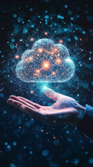 A glowing digital cloud hovers above an outstretched hand, symbolizing technology, connectivity, and data exchange in a modern, abstract design.