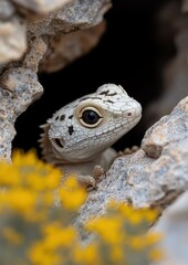 A lizard is peeking out from behind a rock