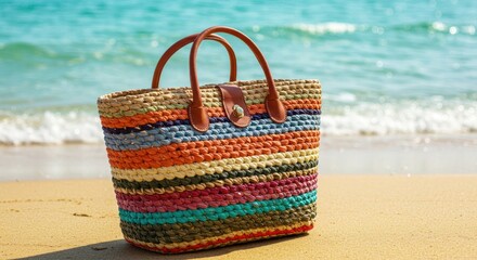 Colorful Striped Beach Bag Sits On Sandy Shore