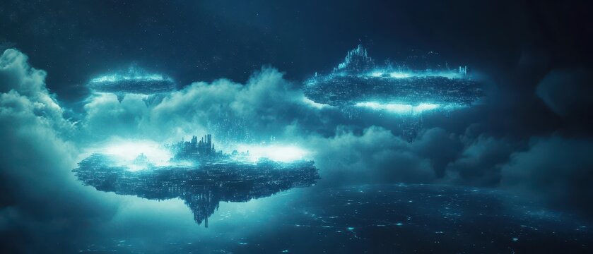 Floating islands connected by glowing cloud patterns, cloud computing, futuristic smart networks