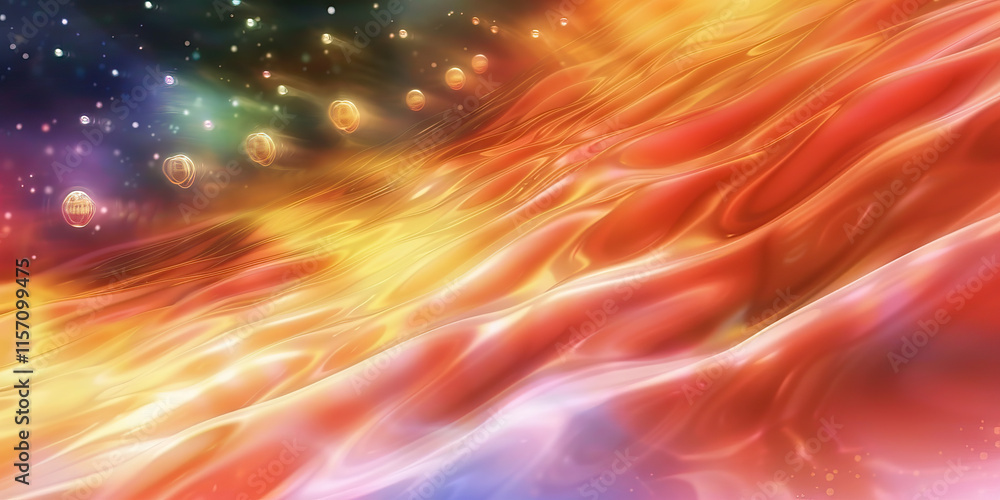 Poster abstract orange and red wave pattern with iridescent orbs