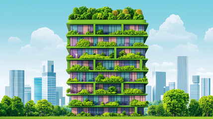 A vibrant, green building showcasing vertical gardens, surrounded by modern skyscrapers, highlighting eco-friendly architecture in an urban setting.