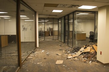 A dimly lit abandoned office space reveals broken furniture and piles of debris scattered across the floor, creating an overall sense of neglect and disuse.