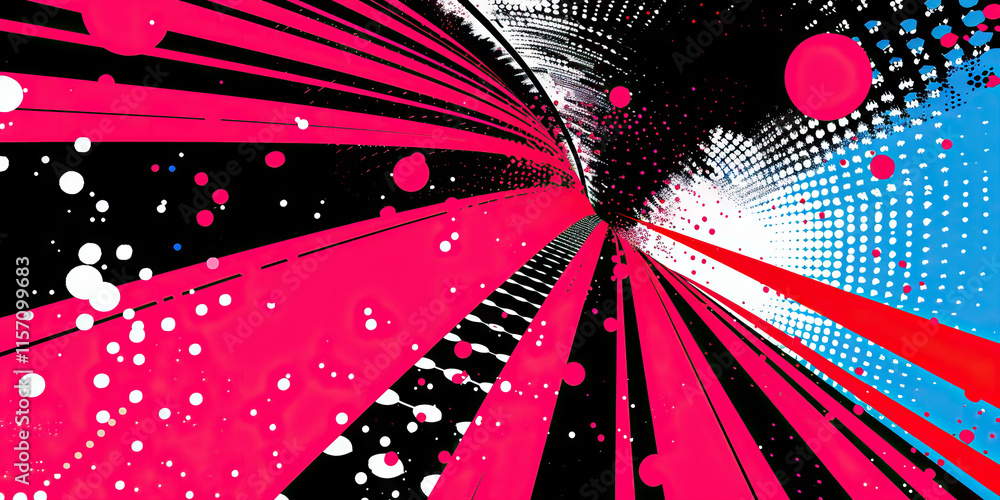 Poster abstract composition with converging stripes and halftone pattern