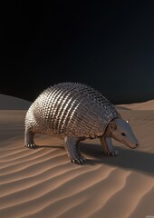 Obraz premium A silver animal with a metal shell is standing on a sandy beach