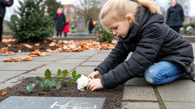 Blonde girl in black kneels to place a white rose on a gravestone, creating a solemn atmosphere in the cemetery