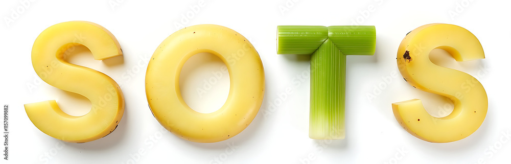 Poster letters made from potato and leek vegetables isolated on a white background with a focus on the lett