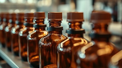 Amber glass bottles on conveyor belt in factory.