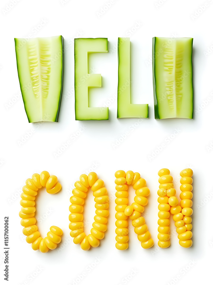 Poster Letters Made From Cucumber Slices And Corn Kernels Isolated On A White Background For Easy Identification And Comparison. 00001