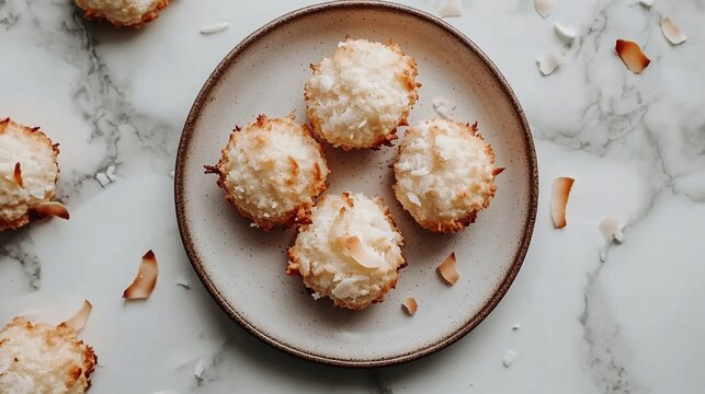 Vegan coconut macaroons with a golden, toasted exterior and soft, chewy center, displayed on a ceramic plate with a few extra coconut flakes scattered around.