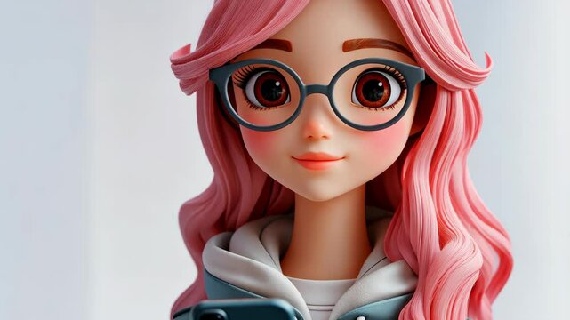 3D icon stylish smiling woman with glasses and phone, avatar cartoon hipster character, people close up portrait on isolated on transparent png background